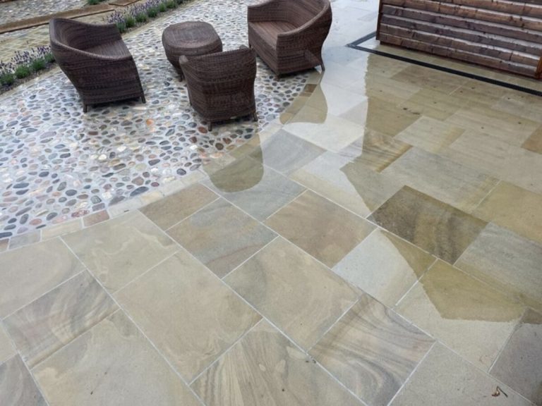 Natural stone patio paving installation in Formby, Merseyside